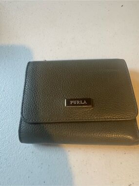 Furla Olive Pebbled Leather Tri-Fold Wallet with Metal Logo